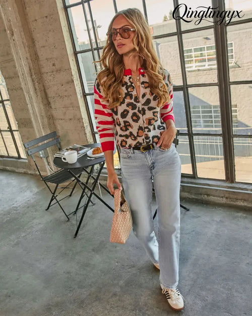 Adeine Striped Leopard Print Cardigan - Long Sleeve Sweater