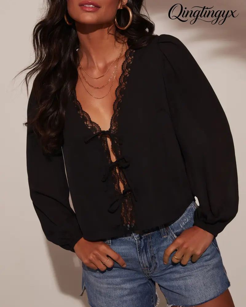 Alonso Lace Trim Top - Black / XS - Long Sleeve Top