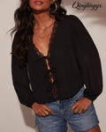Alonso Lace Trim Top - Black / XS - Long Sleeve Top