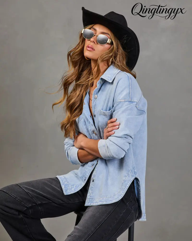 Alvina Collared Chambray Shirt - Long Sleeve Top