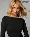 Alysen Pearl Trim Bodysuit - Black / XS - Long Sleeve Top