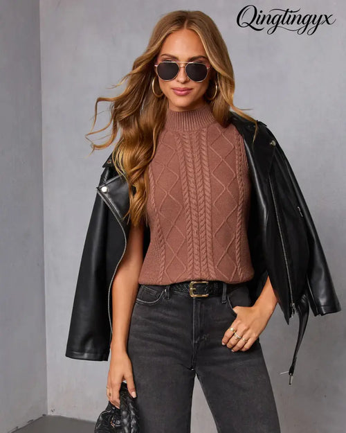 Amber Husk Cable Knit Mockneck Sweater - Brown / S - Sleeveless Sweater