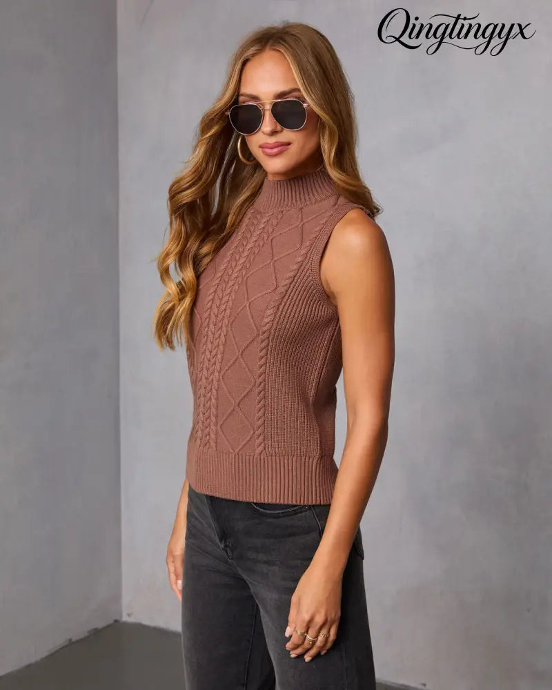 Amber Husk Cable Knit Mockneck Sweater - Sleeveless Sweater