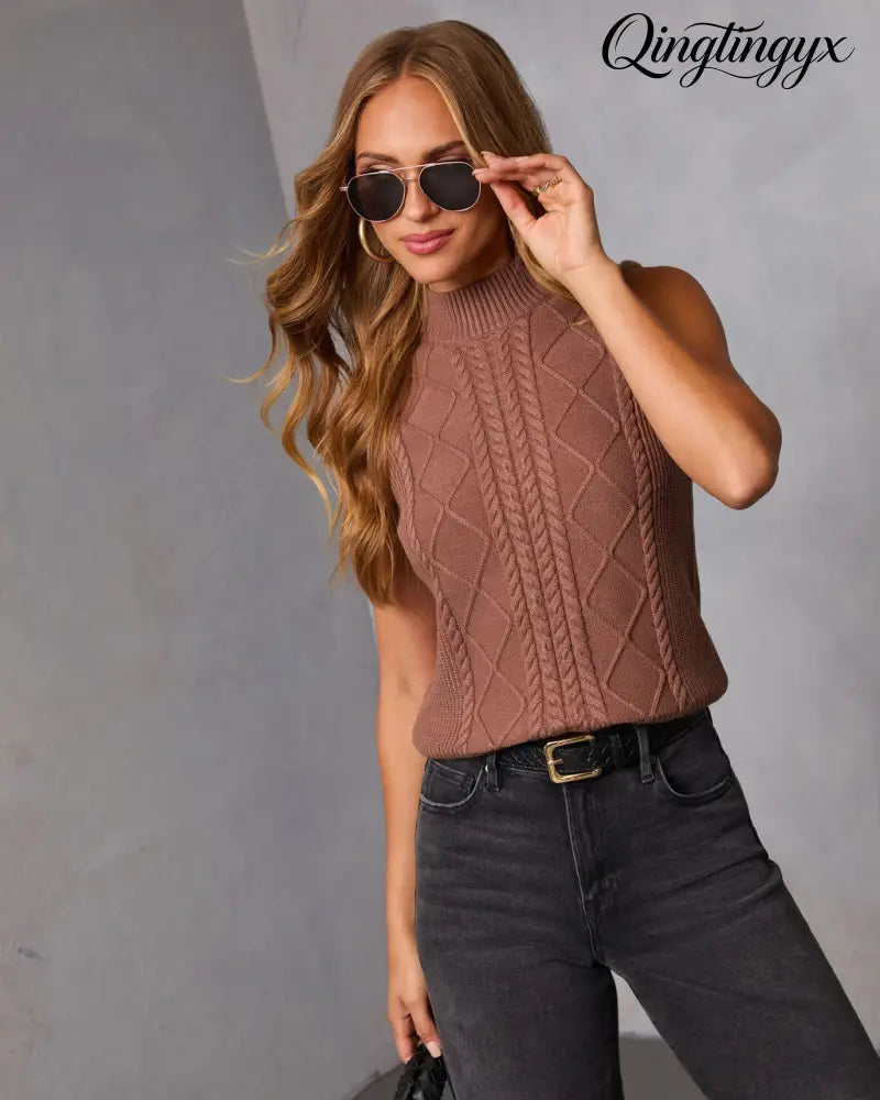 Amber Husk Cable Knit Mockneck Sweater - Sleeveless Sweater