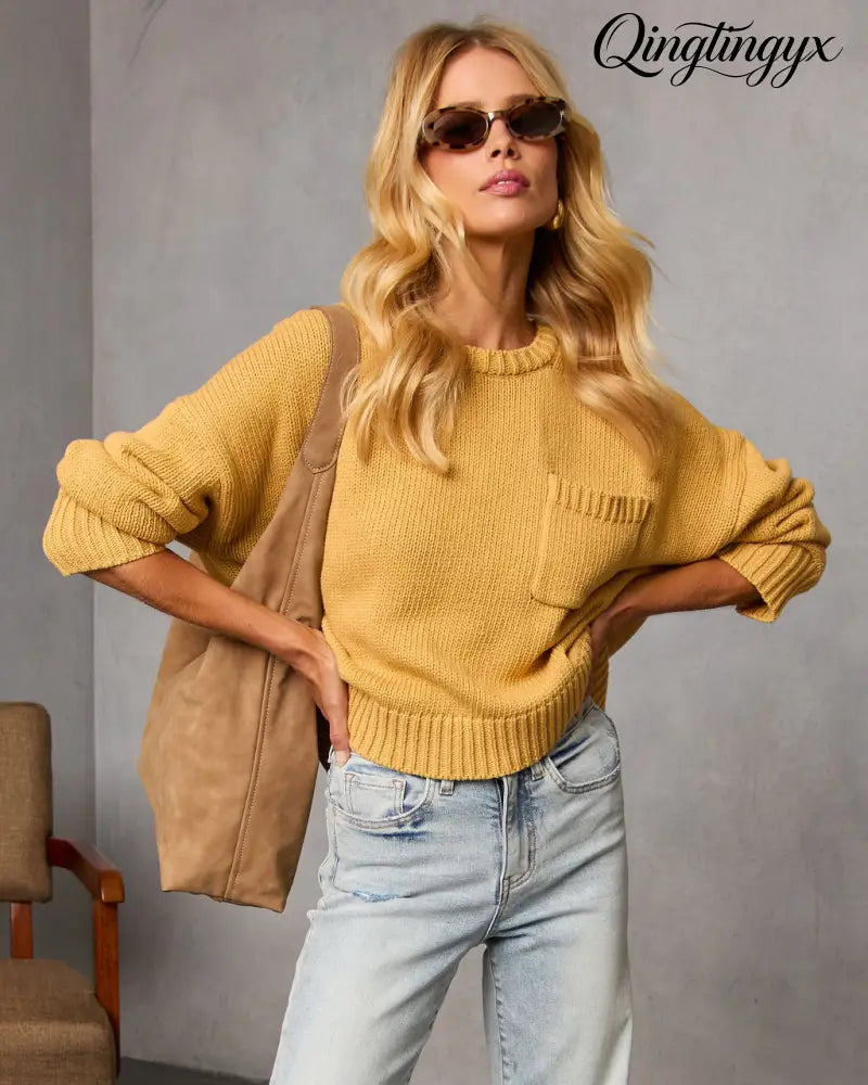 Bilos Relaxed Ribbed Knit Sweater - Mustard / XS - Long Sleeve Sweater