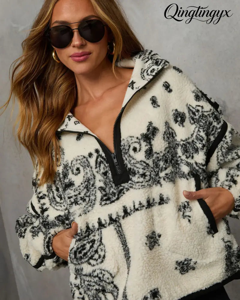 Brianna Sherpa Paisley Quarter Zip Sweatshirt - Sweatshirt