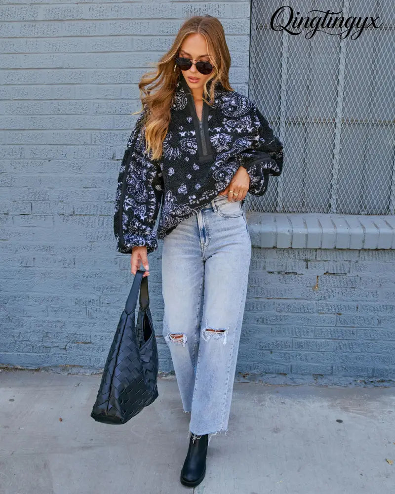 Brianna Sherpa Paisley Quarter Zip Sweatshirt - Sweatshirt
