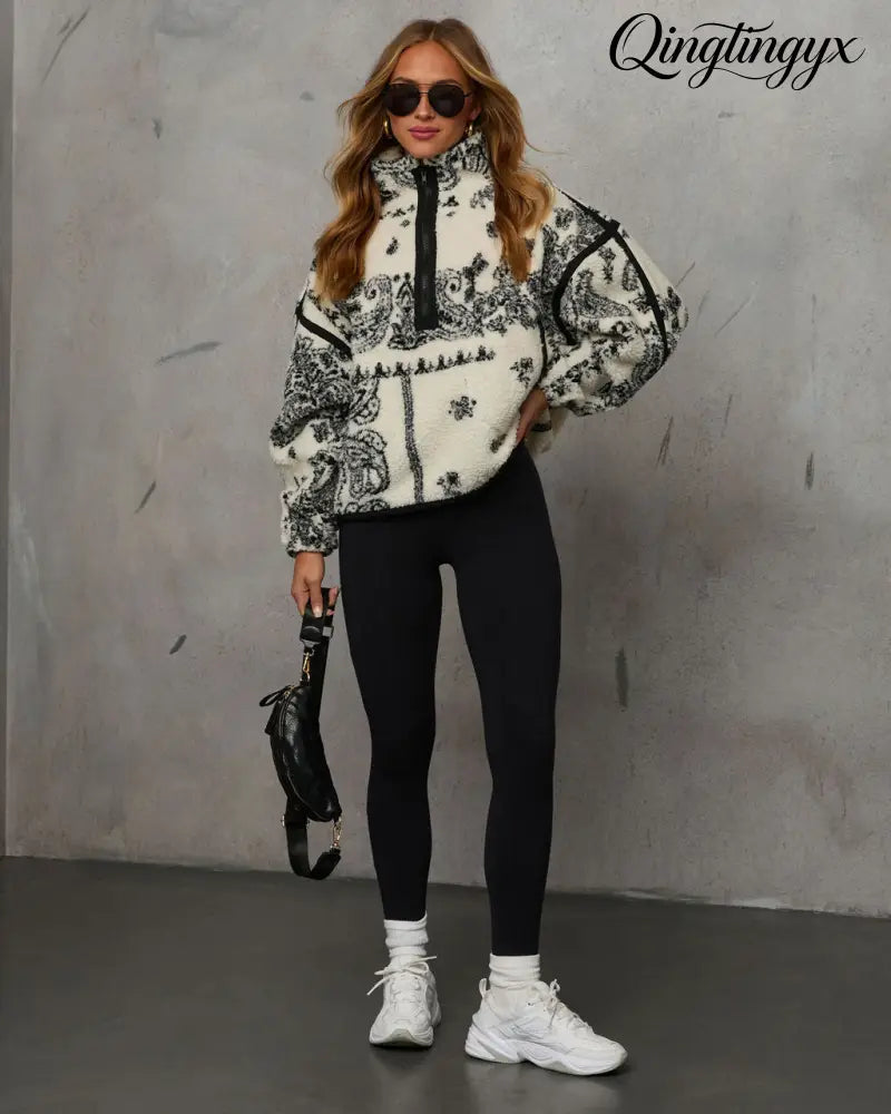 Brianna Sherpa Paisley Quarter Zip Sweatshirt - Sweatshirt