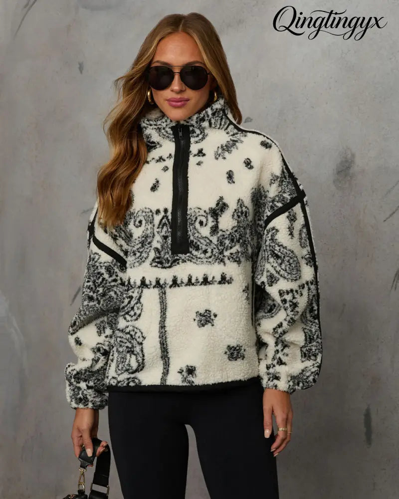 Brianna Sherpa Paisley Quarter Zip Sweatshirt - Sweatshirt