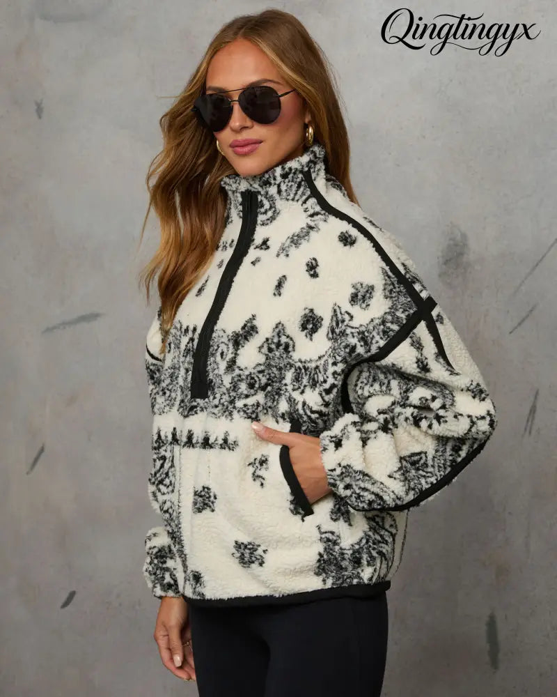 Brianna Sherpa Paisley Quarter Zip Sweatshirt - Sweatshirt