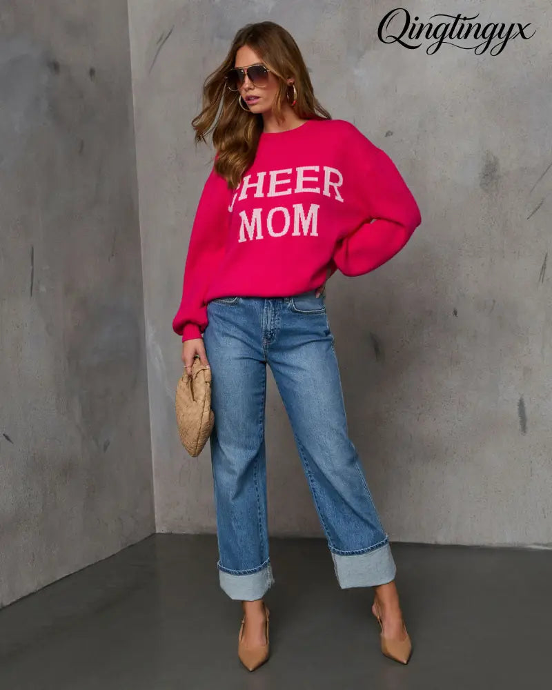 Cheer Mom Knit Pullover Sweater - Hot Pink / XS - Long Sleeve Sweater