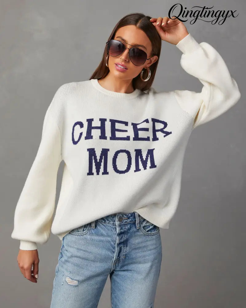 Cheer Mom Knit Pullover Sweater - Long Sleeve Sweater