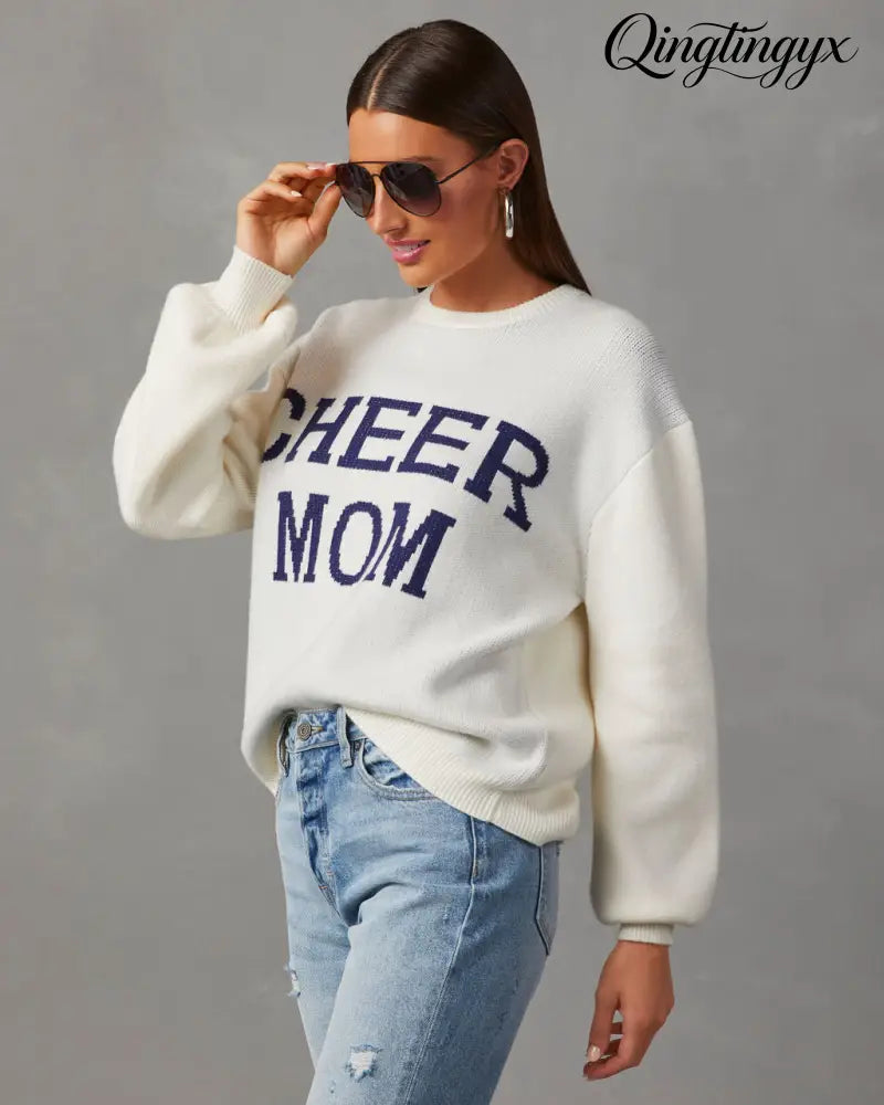 Cheer Mom Knit Pullover Sweater - Long Sleeve Sweater