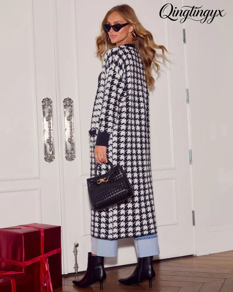 Chill Edit Houndstooth Longline Cardigan - Cardigan