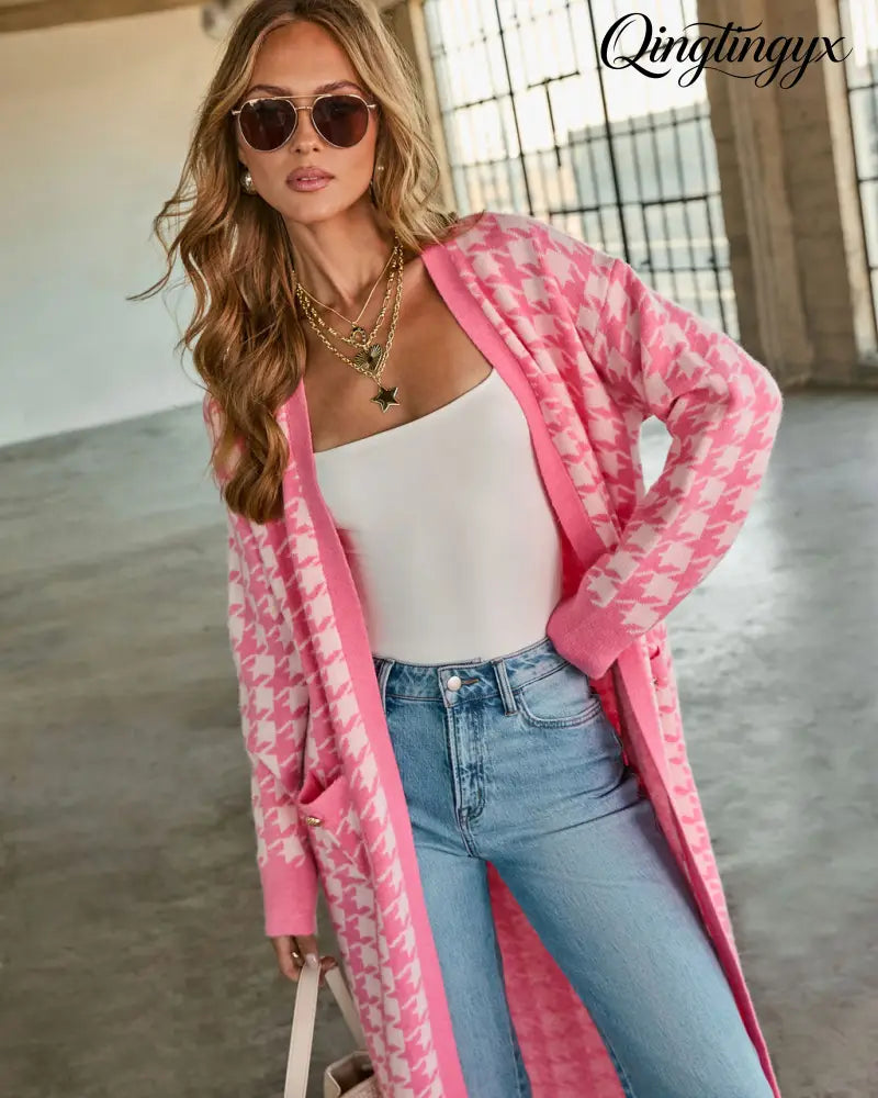 Chill Edit Houndstooth Longline Cardigan - Cardigan