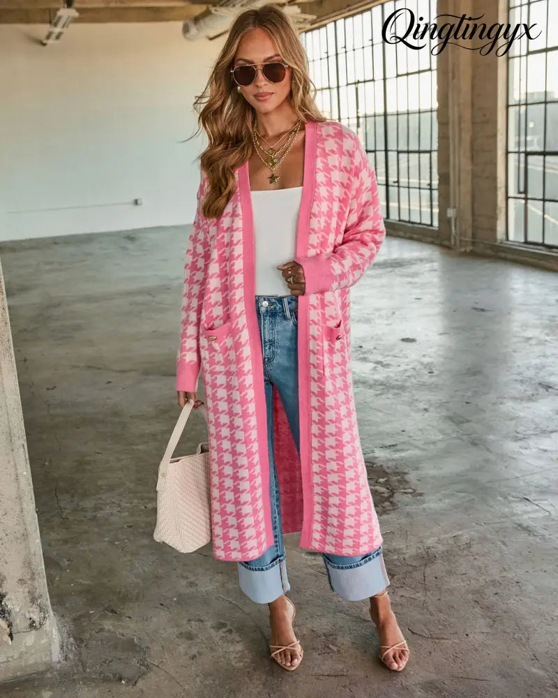 Chill Edit Houndstooth Longline Cardigan - Cardigan