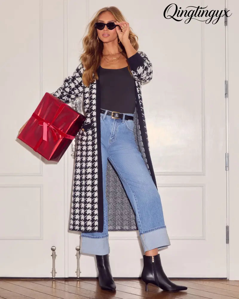 Chill Edit Houndstooth Longline Cardigan - Cardigan