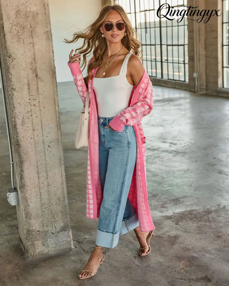 Chill Edit Houndstooth Longline Cardigan - Cardigan
