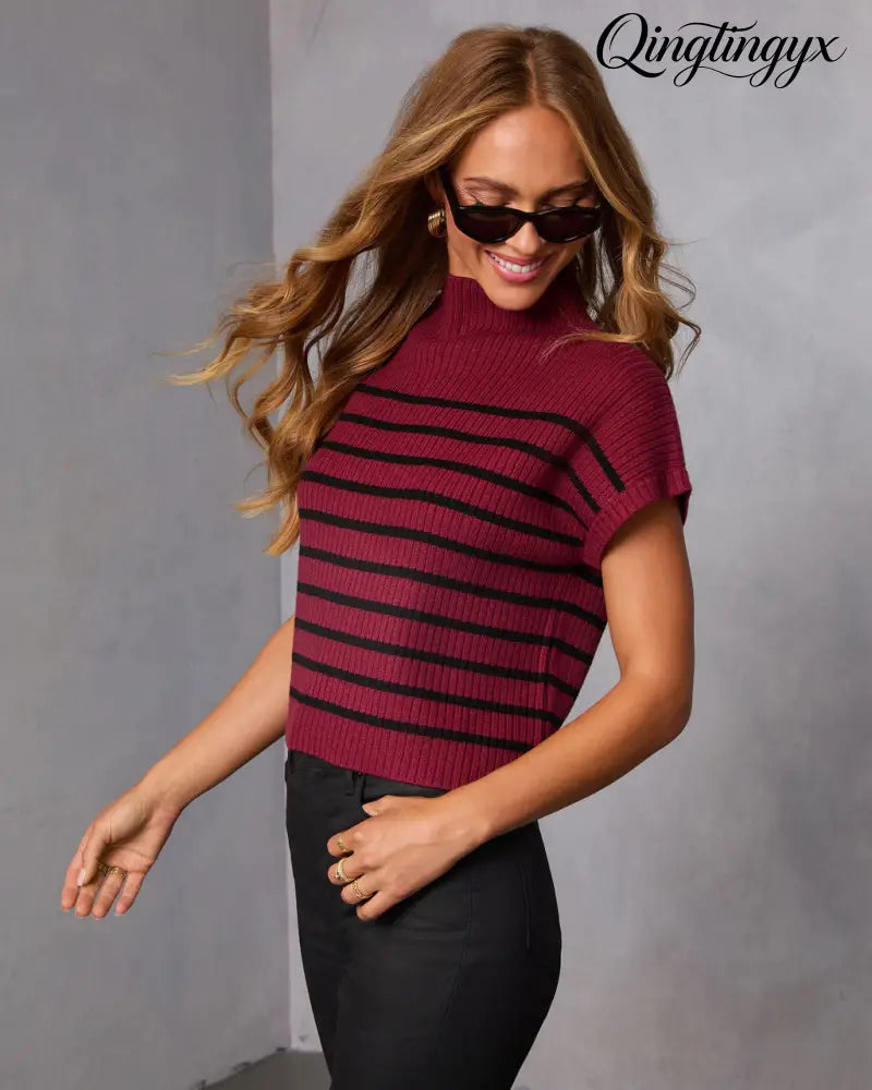 Cider Striped Mock Neck Sweater - Short Sleeve Sweater