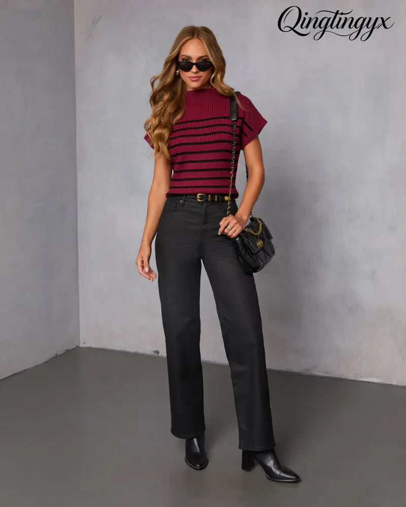 Cider Striped Mock Neck Sweater - Short Sleeve Sweater