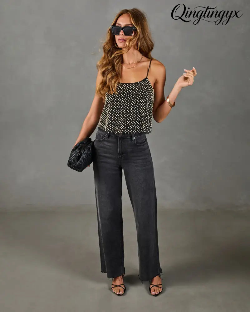 Emilie Mesh Pearl Embellished Top - Black / XS - Sleeveless Top