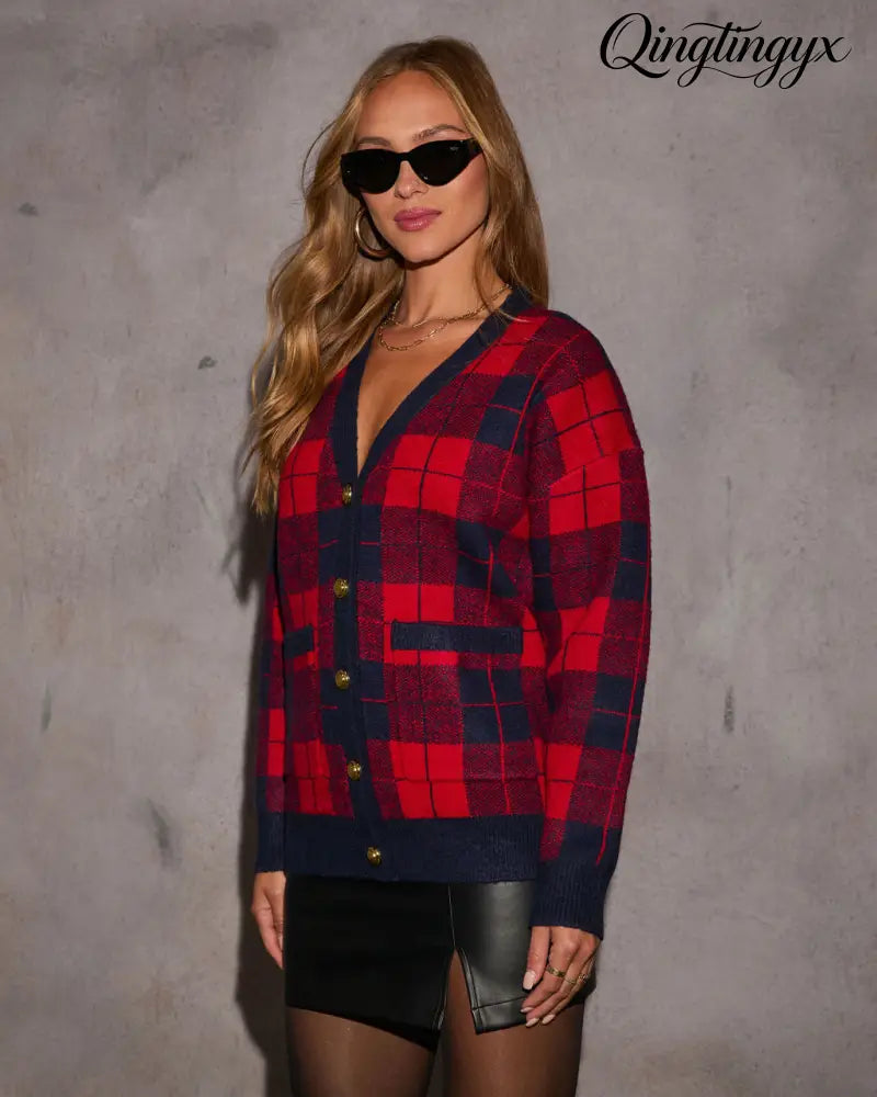 Fall Foliage Plaid Button Down Cardigan - Cardigan