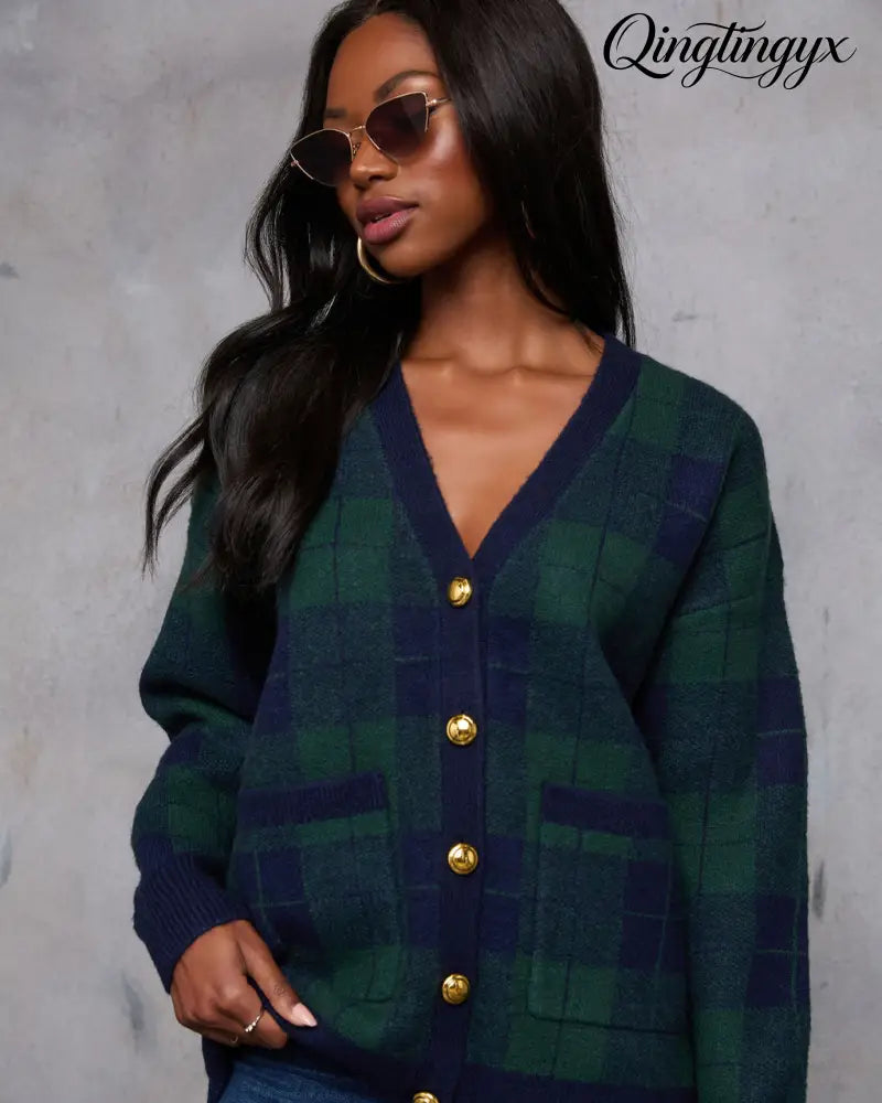 Fall Foliage Plaid Button Down Cardigan - Cardigan