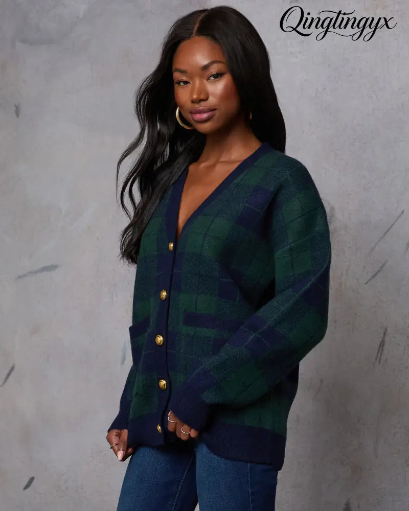 Fall Foliage Plaid Button Down Cardigan - Cardigan
