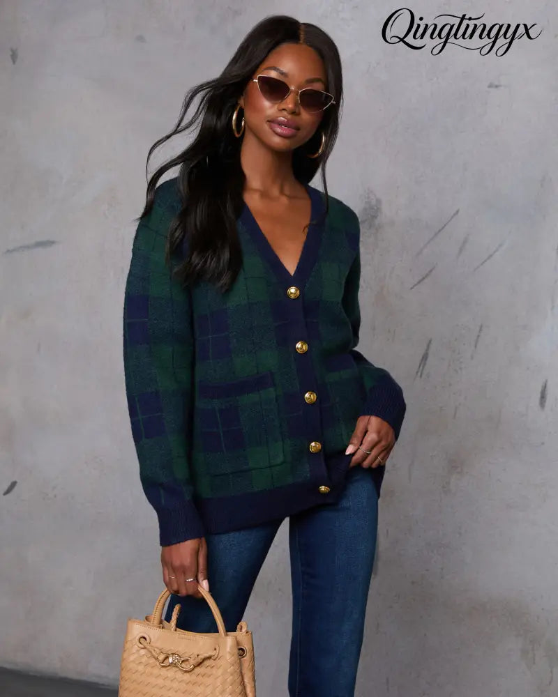 Fall Foliage Plaid Button Down Cardigan - Cardigan