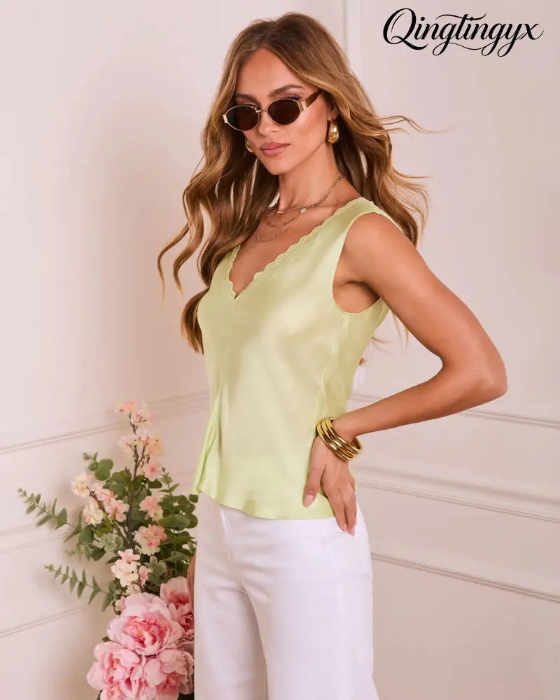 Glow Return Satin Lace Trim Tank Top - Sleeveless Top