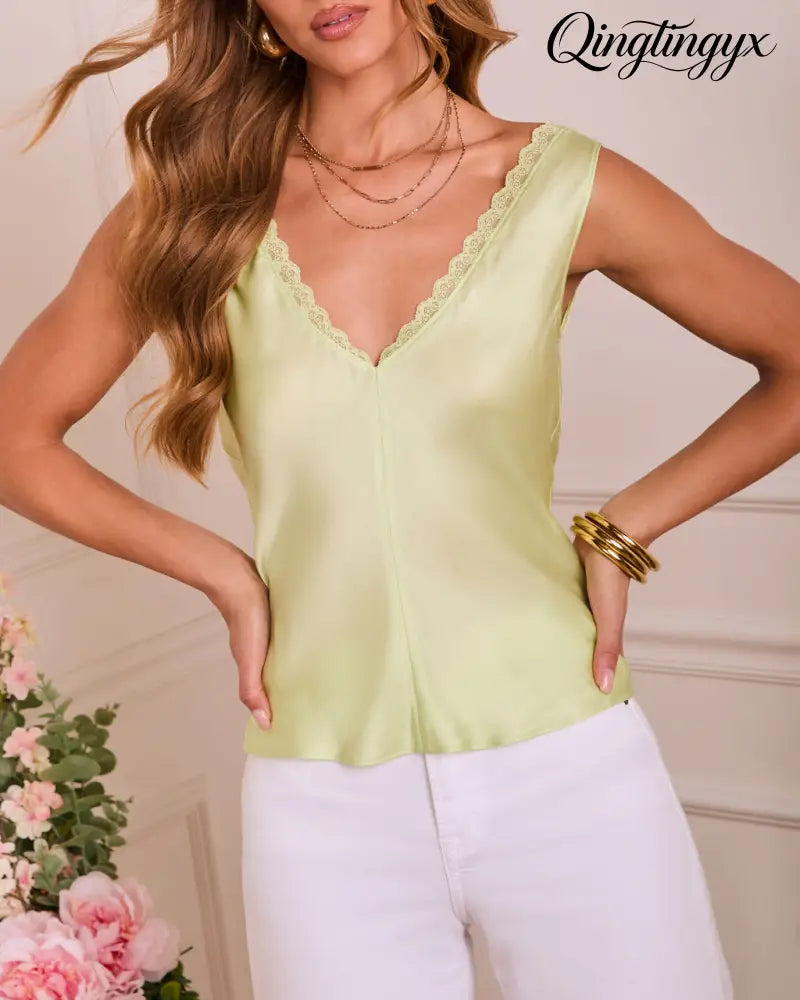 Glow Return Satin Lace Trim Tank Top - Sleeveless Top