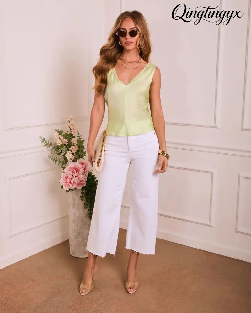 Glow Return Satin Lace Trim Tank Top - Sleeveless Top
