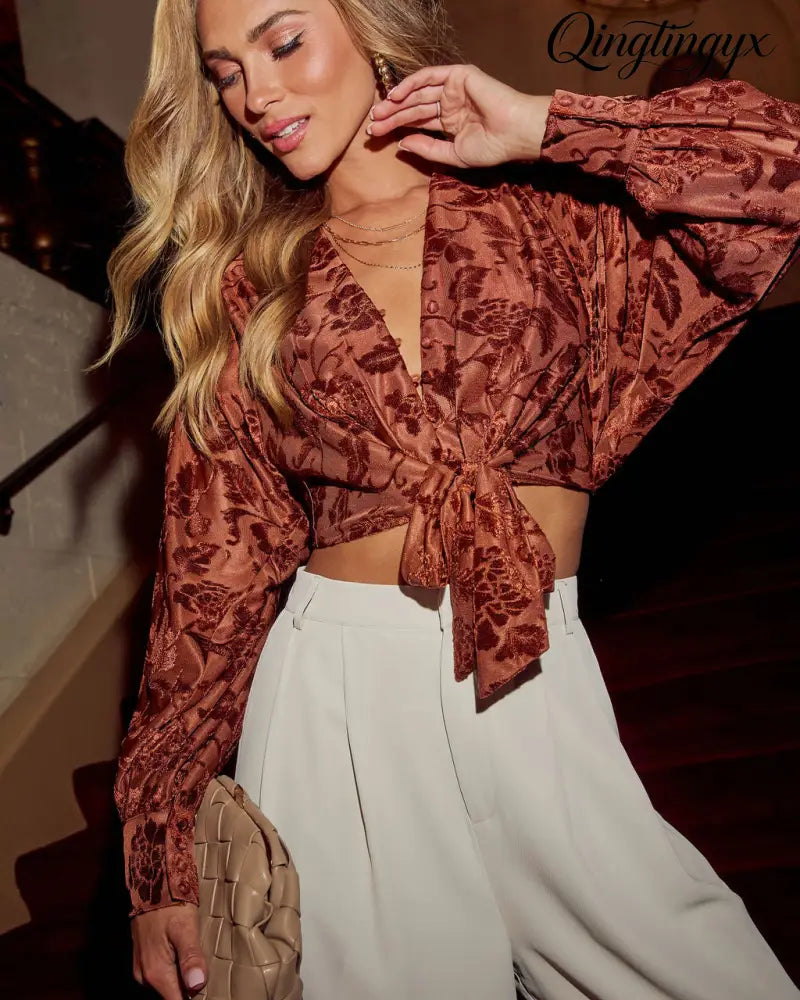 Golden Hour Front Tie Floral Blouse - Long Sleeve Top