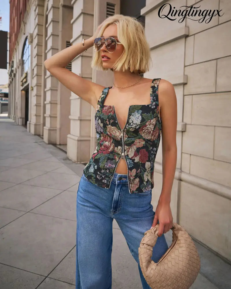 Hayes Floral Tapestry Corset Top - Sleeveless Top