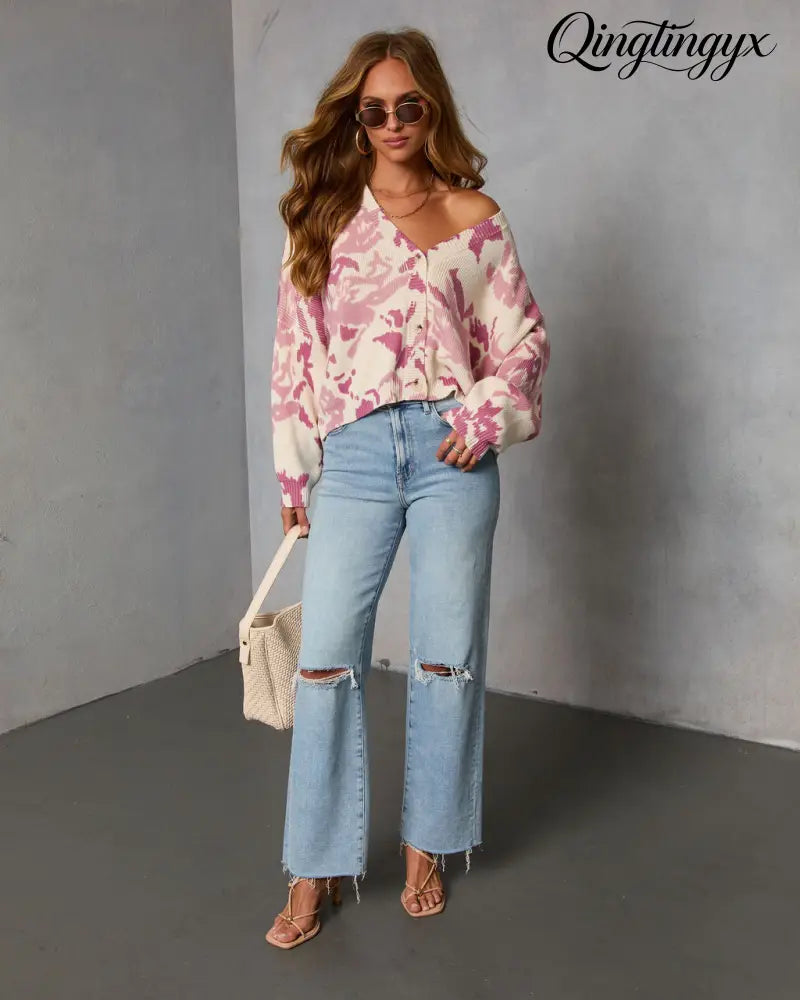 Honeyed Timber Knit Printed Cardigan - Cardigan
