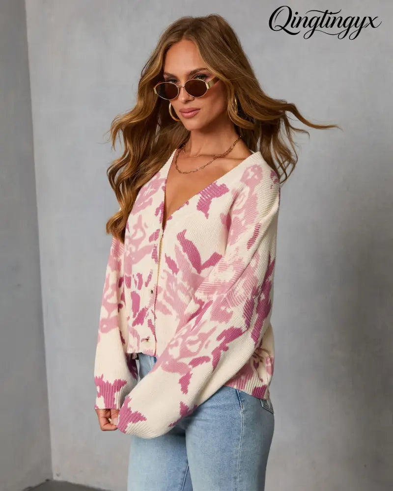 Honeyed Timber Knit Printed Cardigan - Cardigan