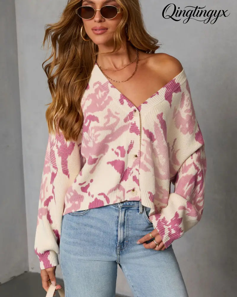 Honeyed Timber Knit Printed Cardigan - Cardigan