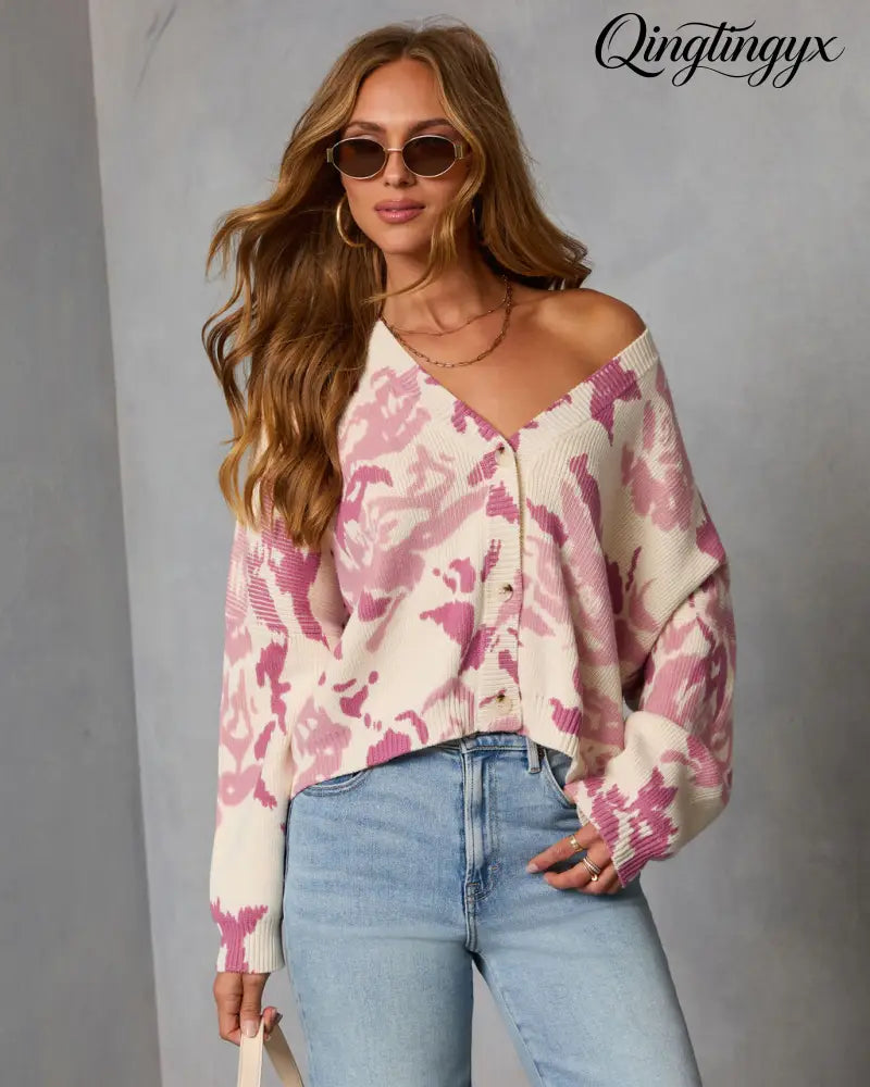 Honeyed Timber Knit Printed Cardigan - Mauve Floral / XS - Cardigan