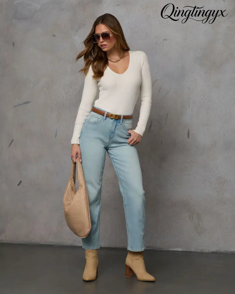 Jamilah Ribbed V Neck Sweater - Long Sleeve Sweater