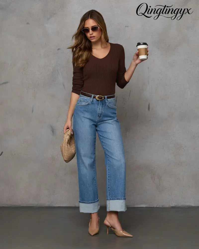 Jamilah Ribbed V Neck Sweater - Long Sleeve Sweater