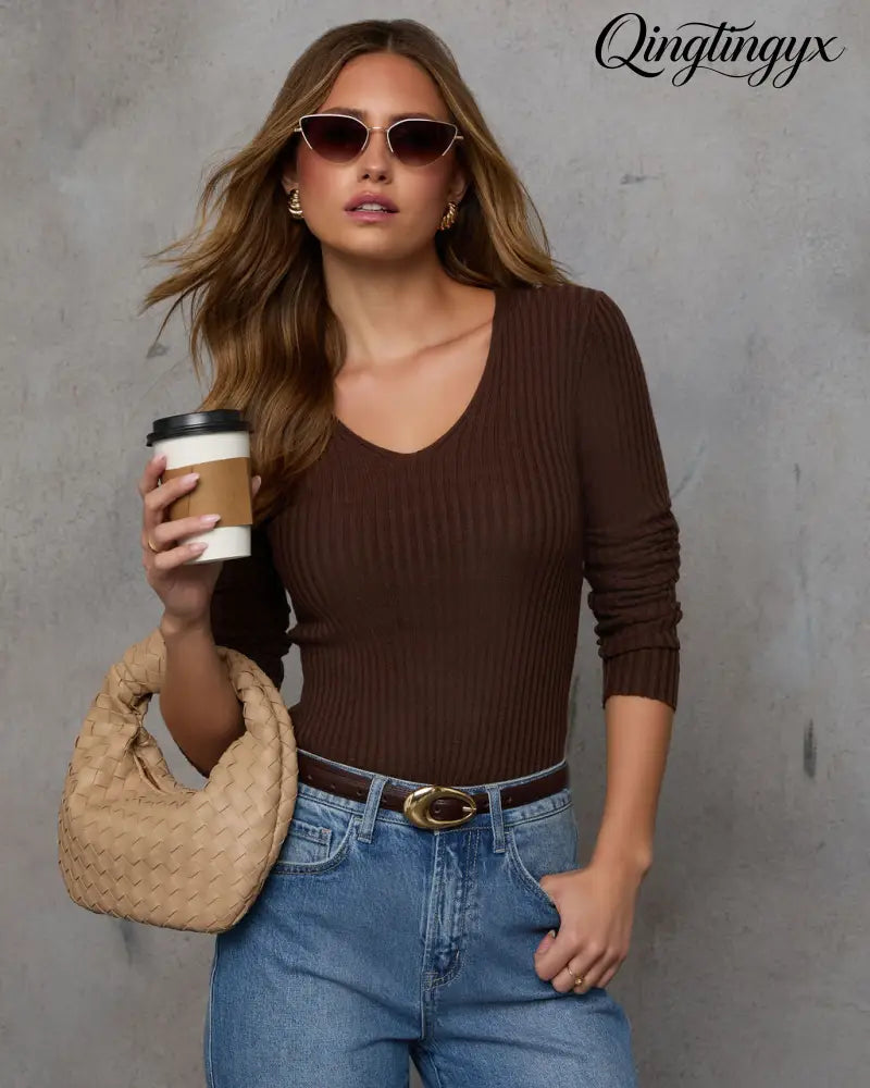 Jamilah Ribbed V Neck Sweater - Long Sleeve Sweater