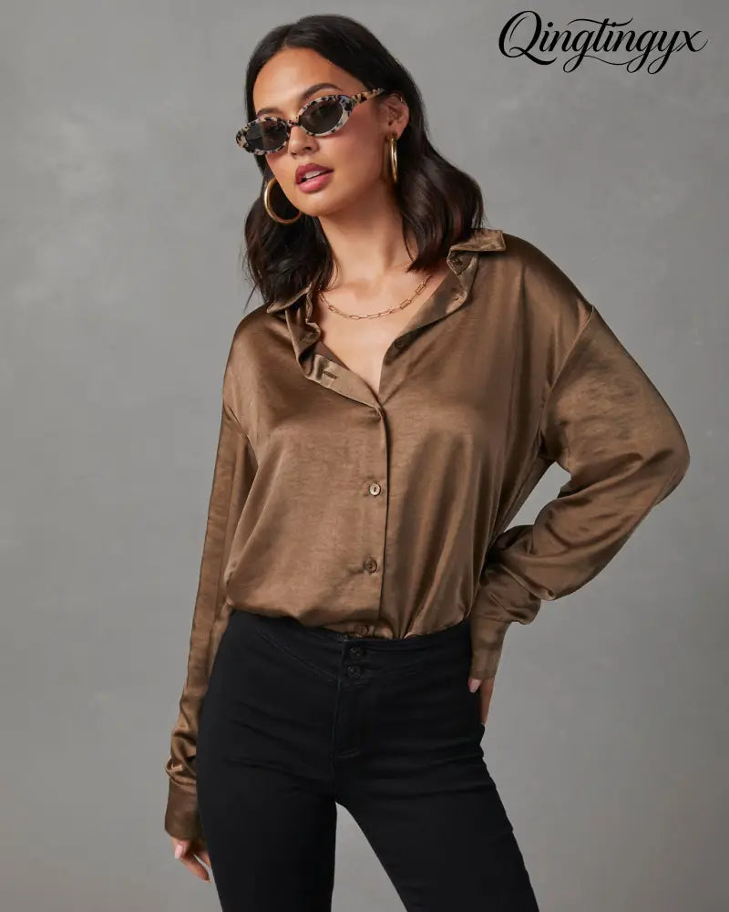 Kielan Satin Button Down Top - Long Sleeve Top