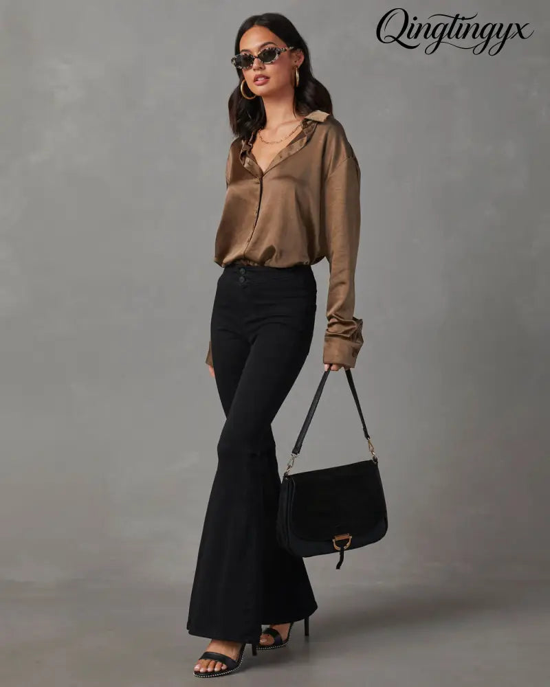 Kielan Satin Button Down Top - Long Sleeve Top