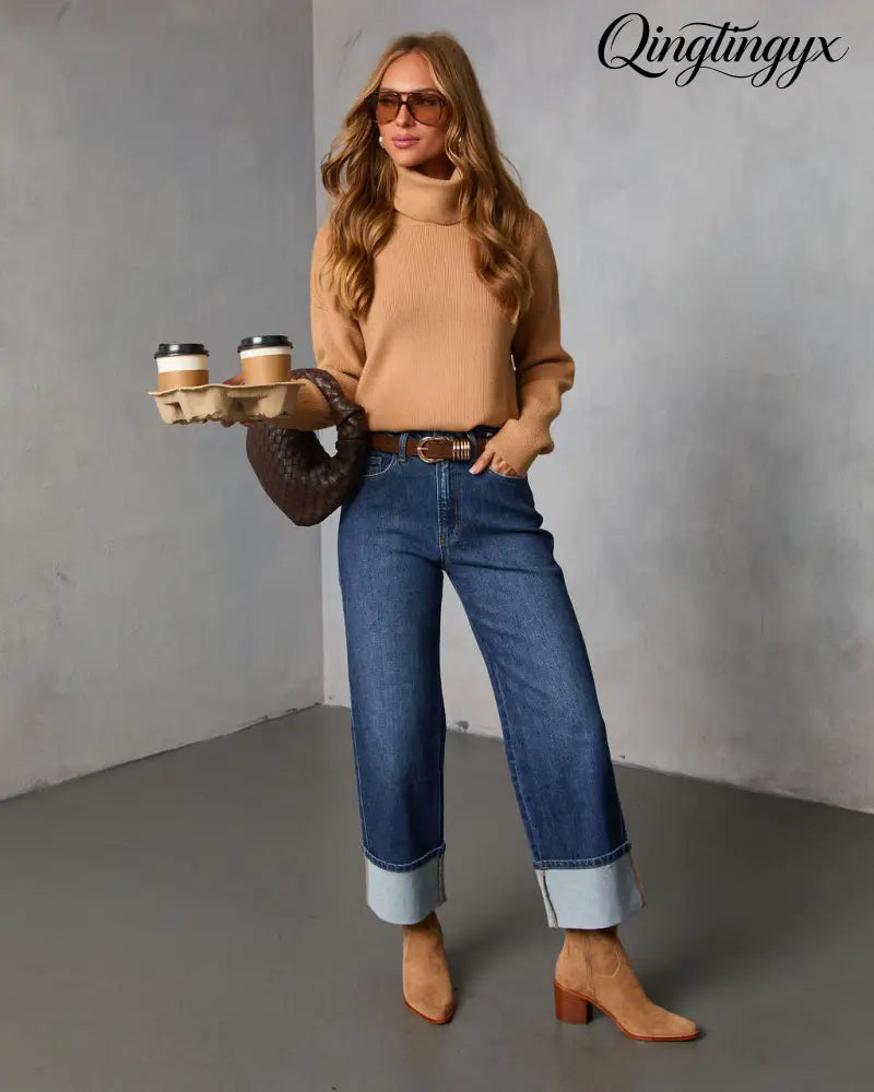 Latte Lover Turtleneck Knit Sweater - Long Sleeve Sweater