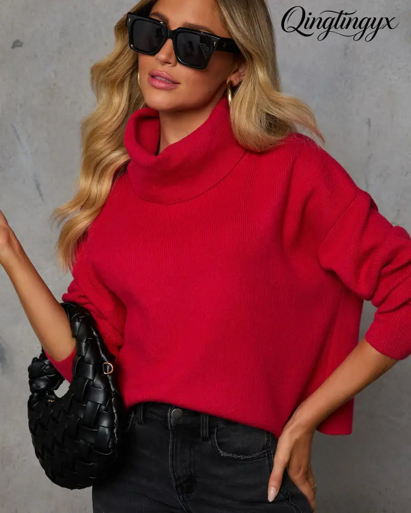 Latte Lover Turtleneck Knit Sweater - Red / XS - Long Sleeve Sweater