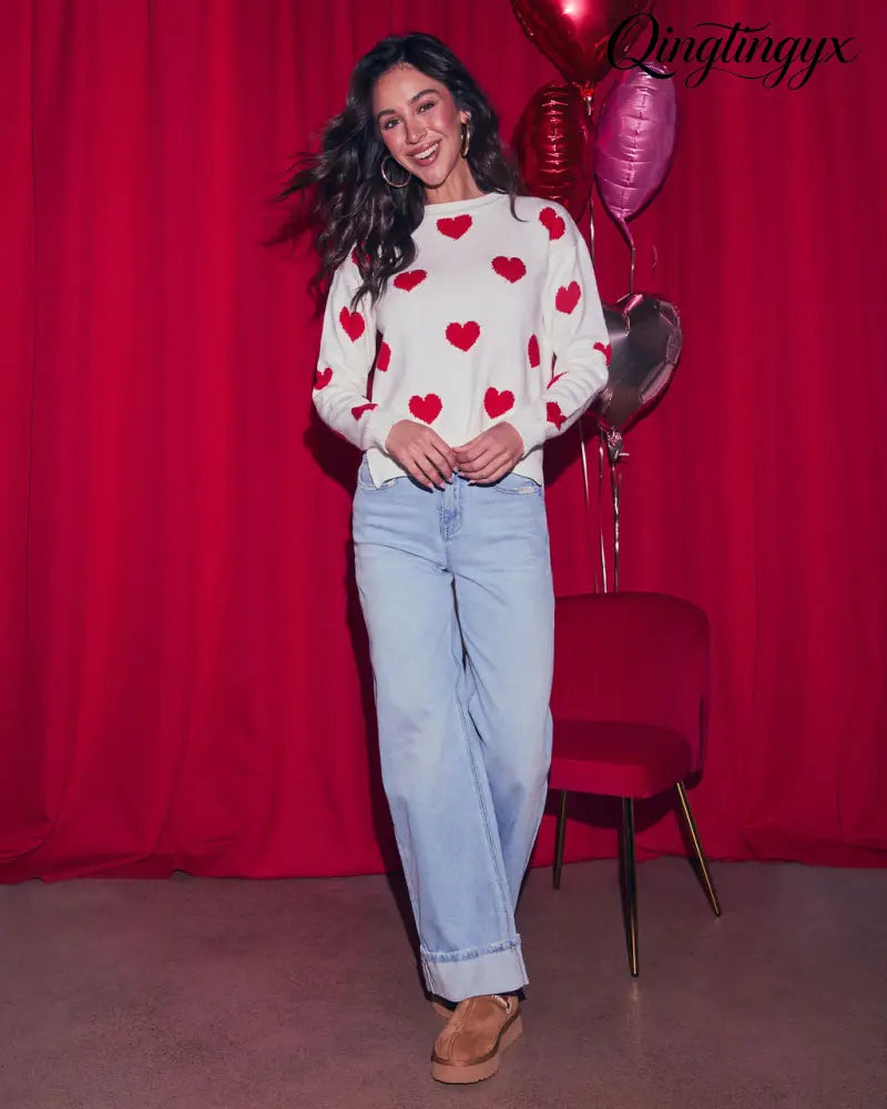 Lover’s Lane Graphic Heart Sweater - Long Sleeve Sweater