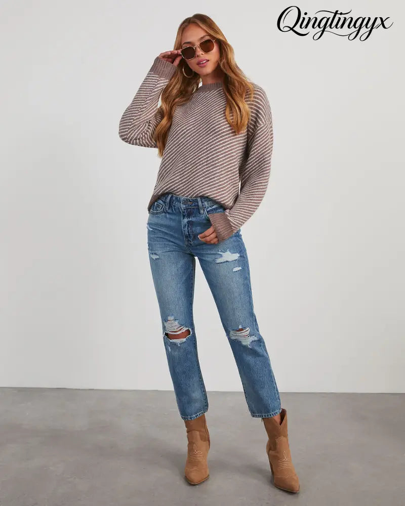 Mallory Striped Crewneck Sweater - Long Sleeve Sweater