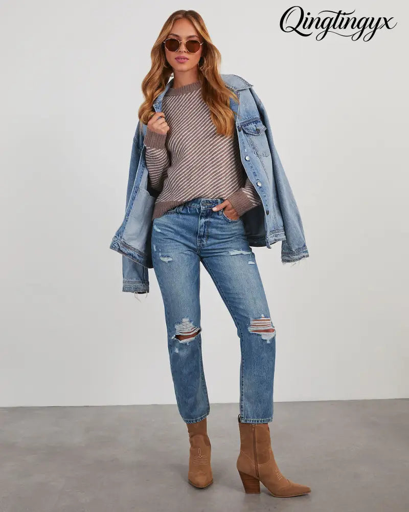 Mallory Striped Crewneck Sweater - Taupe / XS - Long Sleeve Sweater