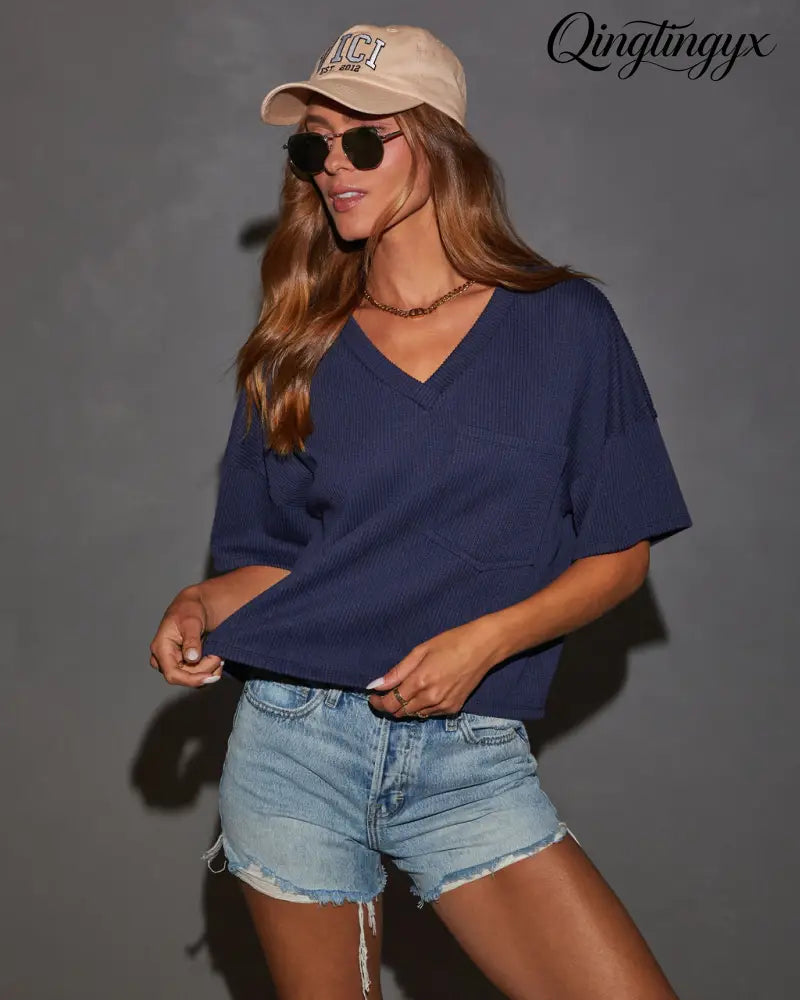 Megan Rib Knit Short Sleeve Top - Navy / XS - Short Sleeve Top