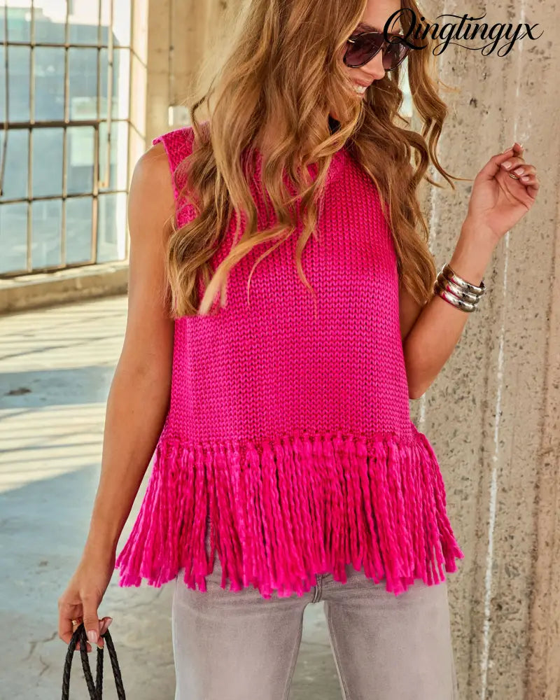 Morning Glow Knit Fringe Sweater - Pink / XS - Sleeveless Sweater
